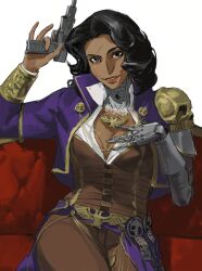 1girl absurdres armor black_eyes black_hair breasts brown_pants cleavage cowboy_shot cropped_jacket gun hand_on_own_chest highres holding holding_gun holding_weapon jacket jae_heydari jewelry looking_at_viewer mature_female mechanical_arms medium_hair necklace pants pauldrons prosthesis prosthetic_arm purple_jacket scar scar_across_eye scar_on_face shoulder_armor single_mechanical_arm single_pauldron sitting skull_pauldron smile solo the_old_crane warhammer_40k warhammer_40k:_rogue_trader weapon
