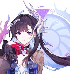 1girl absurdres black_hair blue_dress blue_eyes blue_hair breasts colored_inner_hair commentary_request dress gloves hair_intakes hair_ornament hand_up highres honkai:_star_rail honkai_(series) hysilens_(honkai:_star_rail) long_hair long_sleeves medium_breasts multicolored_hair nirako_mona partial_commentary red_gloves shrug_(clothing) solo very_long_hair white_background