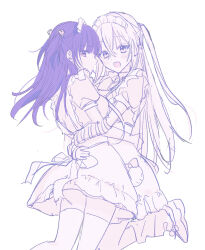 2girls back_bow blush bow closed_mouth commentary detached_sleeves dress dress_bow ear_piercing frilled_dress frills hair_between_eyes hair_ornament heart heart_hair_ornament highres hug kumo_tabetai leg_warmers long_hair looking_at_viewer maid maid_headdress multiple_girls open_mouth original piercing purple_eyes purple_hair simple_background suzu_(kumo_tabetai) thighhighs two_side_up white_background zettai_ryouiki