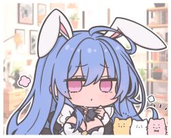 Rule 34 | 1girl, :o, ahoge, ai-assisted, ai-generated background, alternate costume, animal ears, artist name, azur lane, bedroom, black dress, blue eyes, blush, book, bookshelf, border, bow, bowtie, breasts, cat, character name, chibi, chibi only, cleavage, commentary request, day, dress, enmaided, fake animal ears, frilled dress, frills, futaba (anti clockwise), grey cat, hair between eyes, helena (azur lane), indoors, lamp, long hair, maid, medium breasts, nightstand, notice lines, parted lips, picture frame, plant, potted plant, puffy sleeves, purple bow, purple bowtie, purple eyes, rabbit ears, shelf, sunlight, whiskers, white border, white cat, window, yellow cat