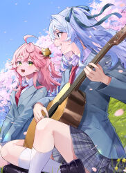 2girls absurdres acoustic_guitar ahoge amesui bell black_shoes blazer blue_eyes blue_hair cherry_blossoms collared_shirt commentary_request day double-parted_bangs floating_hair green_eyes guitar hair_bell hair_between_eyes hair_ornament hair_ribbon hairclip highres holding hololive hoshimachi_suisei instrument jacket jingle_bell loafers long_hair long_sleeves looking_at_another miniskirt multiple_girls music necktie one_side_up open_mouth outdoors pink_hair plaid_clothes plaid_skirt playing_instrument red_necktie ribbon sakura_miko school_uniform shirt shoes sitting skirt socks virtual_youtuber white_shirt white_socks x_hair_ornament