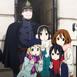 1boy 5girls akiyama_mio animated animated_gif argyle_clothes argyle_neckwear black_cloak blonde_hair blue_eyes blue_jacket brown_eyes brown_hair brown_jacket chain cloak custodian_helmet doorway double_v expressionless feet_out_of_frame furrowed_brow grey_eyes hair_ornament hairclip half-closed_eyes hand_on_shoulder hirasawa_yui jacket k-on! k-on!_movie kotobuki_tsumugi london long_hair looking_at_viewer looking_to_the_side lowres matching_hair/eyes multiple_girls nakano_azusa open_mouth outdoors pink_neckwear police police_uniform raised_eyebrows red_neckwear scarf screencap sidelocks smile tareme thick_eyebrows twintails upper_body v waving_arms white_neckwear