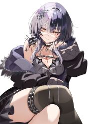 1girl absurdres belt black_belt black_choker black_coat black_dress black_hair black_thighhighs breasts chest_belt choker cleavage closed_mouth coat commentary commission crossed_legs dress english_commentary fur-trimmed_coat fur_trim grey_hair hair_between_eyes hair_ornament highres hololive hololive_english jewelry large_breasts long_hair long_sleeves looking_at_viewer multicolored_hair multiple_rings off_shoulder open_clothes open_coat piyopoyo ring second-party_source shiori_novella shiori_novella_(1st_costume) simple_background sitting skeb_commission smile solo split-color_hair striped_clothes striped_thighhighs studded_thigh_strap thigh_strap thighhighs two-tone_hair virtual_youtuber white_background yellow_eyes yorick_(shiori_novella)