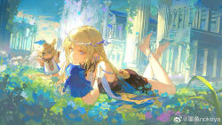 1girl bare_legs bare_shoulders black_collar black_dress blue_eyes cartethyia_(wuthering_waves) chinese_commentary closed_mouth collar commentary_request crown_of_thorns dress earrings grass high_heels highres jewelry legs looking_at_viewer lying nokoya on_grass on_stomach outdoors parted_bangs pointy_ears shoes smile sock_puppet solo tacet_mark_(wuthering_waves) the_pose white_shoes wuthering_waves