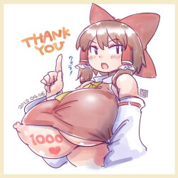 1girl black_eyes blush border bow breasts brown_border brown_hair commentary_request cookie_(touhou) crop_top dated detached_sleeves frilled_bow frilled_hair_tubes frills hair_bow hair_tubes hakurei_reimu highres huge_breasts index_finger_raised itini-sanshi looking_at_viewer nipple_slip nipples open_mouth red_bow red_shirt reu_(cookie) ribbon-trimmed_sleeves ribbon_trim shirt sidelocks simple_background sleeveless sleeveless_shirt solo thank_you touhou upper_body white_background white_sleeves