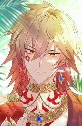 1boy alternate_costume blonde_hair braid chest_tattoo cup earrings facial_tattoo gold_collar gold_earrings gold_necklace gradient_hair hair_between_eyes hashtag-only_commentary highres holding holding_cup honkai:_star_rail honkai_(series) jewelry looking_at_viewer male_focus medium_hair mismatched_earrings multicolored_hair mydei_(honkai:_star_rail) necklace off_shoulder red_hair red_shirt red_tattoo seno_(senohime) shirt side_braid smile solo tattoo yellow_eyes
