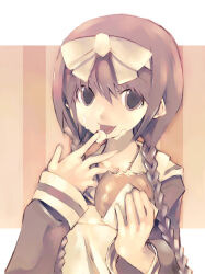 1girl bad_id bow bow_hairband braid brown_eyes brown_hair commentary_request food food_on_face food_on_hand hair_between_eyes hairband hands_up holding holding_food kei_(keigarou) lillian_girls&#039;_academy_school_uniform long_hair long_sleeves maria-sama_ga_miteru sailor_collar school_uniform serafuku shimazu_yoshino solo twin_braids upper_body white_bow white_hairband white_sailor_collar