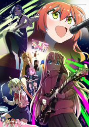 6+girls :d acoustic_guitar bass_guitar blonde_hair blue_eyes blue_hair bocchi_the_rock! closed_eyes electric_guitar gitao gotoh_hitori gotoh_michiyo gotoh_naoki green_eyes guitar highres hiroi_kikuri holding holding_instrument ijichi_nijika ijichi_seika instrument iwashita_shima kessoku_band long_hair microphone multiple_girls music open_mouth oriorioiro pa-san piano playing_instrument pleated_skirt plectrum red_hair school_uniform shimizu_eliza short_hair singing skirt smile stage tambourine twintails violin yamada_ryo yellow_eyes