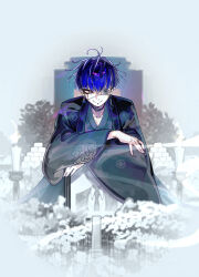 1boy absurdres ahoge black_hair blue_eyes blue_hair candle closed_mouth eyepatch face_piercing grave graveyard highres japanese_clothes lip_piercing looking_at_viewer male_focus messy_hair omokage_yugamu one_eye_covered piercing smile solo solo_focus the_hundred_line_-last_defense_academy- tombstone