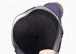 1girl absurdres ass ass_focus bike_shorts cameltoe close-up from_below grey_hair highres idolmaster idolmaster_shiny_colors kankarka serizawa_asahi simple_background solo white_background