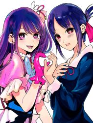 Rule 34 | 2girls, akasaka aka, alternate costume, belt, black dress, black hair, blue belt, blue bow, blush, bow, collar, creator connection, dress, earrings, folded ponytail, frilled gloves, frills, gloves, hair ornament, hand on own chest, heart, heart hands, heart hands duo, heart in eye, hoshino ai, jewelry, kaguya-sama wa kokurasetai ~tensai-tachi no renai zunousen~, long hair, multiple girls, neck ribbon, open mouth, oshi no ko, parted bangs, pink eyes, pink gloves, puffy sleeves, purple hair, rabbit hair ornament, red bow, red eyes, red ribbon, ribbon, school uniform, shinomiya kaguya, shuuchiin academy school uniform, sidelocks, smile, star-shaped pupils, star (symbol), swept bangs, symbol-shaped pupils, symbol in eye, white background, white collar, yokoyari mengo