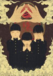3boys absurdres black_hair bowl_cut covering_own_ears covering_own_eyes covering_own_mouth flat_color gakuran gold_buttons highres money_okane multiple_boys original school_uniform short_hair smoke symmetrical_hand_pose symmetry
