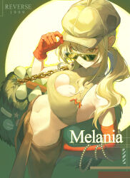 1girl absurdres alternate_costume arm_up armpits asymmetrical_gloves bag bare_shoulders black_bag blonde_hair breasts brown_eyes cabbie_hat character_name cleavage cleavage_cutout clothing_cutout commentary copyright_name crop_top elbow_gloves glasses gloves grey_hat groin haewoo-b hair_between_eyes hand_on_own_hip hat heart_cutout highres hip_bones jewelry long_hair looking_at_viewer medium_breasts melania_(reverse:1999) midriff ms._acey navel necklace parted_lips pearl_necklace ponytail red_gloves reverse:1999 shoulder_bag sidelocks single_elbow_glove solo standing sunglasses sweat tank_top yellow-framed_eyewear