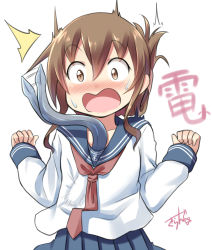 1girl ^^^ blue_sailor_collar blue_skirt brown_hair character_name eel female_focus folded_ponytail gurande_(g-size) hair_between_eyes inazuma_(kancolle) kantai_collection long_hair long_sleeves pleated_skirt sailor_collar school_uniform serafuku shirt signature simple_background skirt solo surprised sweatdrop white_background white_shirt wide-eyed
