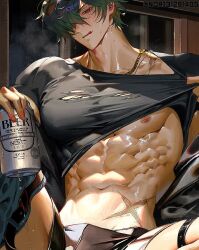 1boy abs alcohol bara beer beer_can belt black_belt black_male_underwear black_shirt blush can clothes_lift commentary denim drink_can english_commentary fingernails green_eyes hair_over_one_eye holding holding_can indoors jeans jewelry lifting_own_clothes lighter_(zenless_zone_zero) looking_down male_focus male_underwear muscular muscular_male necklace nipples one_eye_covered pants pants_around_one_leg pectorals runa_(nori31291404) scar scar_on_hip shiny_skin shirt shirt_lift sitting spread_legs sweat tongue tongue_out twitter_username underwear window zenless_zone_zero
