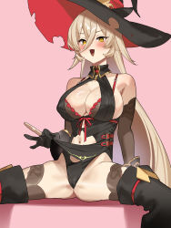 1girl absurdres bare_shoulders black_dress black_gloves black_hat blonde_hair breasts cleavage clothes_lift clothing_cutout commentary_request dress dress_lift gloves gluteal_fold hair_between_eyes hat highres kuroi_suna large_breasts lifting_own_clothes long_hair looking_at_viewer navel navel_cutout nijisanji nui_sociere nui_sociere_(1st_costume) pink_background simple_background sitting solo stomach thighhighs thighs torn_clothes torn_hat very_long_hair virtual_youtuber witch_hat yellow_eyes