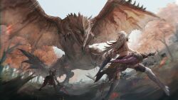 arknights armor bare_arms bikini blonde_hair character_request crossover from_behind grey_hair grey_skirt highres holding holding_polearm holding_sword holding_weapon long_hair monster_hunter_(series) nueegochi pauldrons polearm rathalos red_armor red_skirt shoulder_armor skirt swimsuit sword thighhighs weapon white_bikini white_thighhighs