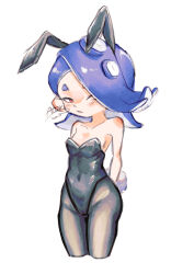 1girl alternate_costume animal_ears arms_behind_back blue_hair blush collarbone covered_navel cropped_legs fake_animal_ears flower_kokko hair_over_one_eye leotard looking_to_the_side nintendo octoling playboy_bunny rabbit_ears rabbit_tail red_eyes shiver_(splatoon) sketch solo splatoon_(series) splatoon_3 tentacle_hair