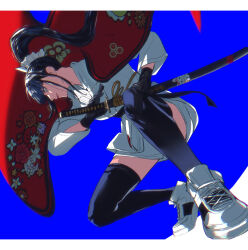 Rule 34 | 1girl, black hair, black thighhighs, blue background, cape, dougi, gloves, highres, holding, holding sheath, letterboxed, long hair, magadori kyoshika, ponytail, reaching, red cape, rena (renasight), sheath, sheathed, shoes, solo, squatting, sword, the hundred line -last defense academy-, thighhighs, weapon, white shoes