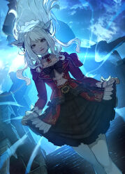1girl absurdres animal_ears breasts cat_ears clothes_lift dutch_angle facial_mark final_fantasy final_fantasy_xiv hide_(hideout) highres lifting_own_clothes lips long_hair looking_at_viewer maid_headdress medium_breasts mole mole_under_eye pantyhose pendant_choker skirt skirt_lift solo warrior_of_light_(ff14) whisker_markings white_hair white_pantyhose yellow_eyes