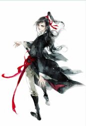 1boy alternate_hairstyle black_boots black_eyes black_hair black_hanfu boots chinese_clothes closed_mouth faux_traditional_media flute flute_tassel full_body hair_ribbon half_updo hanfu high_ponytail instrument kcllzas163 long_hair long_sleeves looking_at_viewer looking_back male_focus modao_zushi pants parted_lips ponytail red_ribbon red_sash ribbon robe sash simple_background smile solo tassel wei_wuxian white_background white_pants wide_sleeves