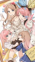 4girls bang_dream! bang_dream!_it&#039;s_mygo!!!!! black_hairband black_shirt black_skirt blue_eyes blush brown_hair cang_(akaga204) chihaya_anon child coat drawn_ears ear_blush earrings grey_eyes hairband heart highres hug hug_from_behind if_they_mated jewelry long_hair long_sleeves mother_and_daughter multiple_girls nagasaki_soyo one_eye_closed open_mouth parted_lips pink_hair ring school_uniform science_babies shirt skirt smile sweater tsukinomori_school_uniform wedding_ring white_coat white_shirt white_sweater wife_and_wife yuri