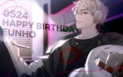 1boy black_hair black_shirt can character_name closed_mouth drink_can eunho_(plave) from_side happy_birthday headphones highres holding holding_can holding_pen jewelry k-pop light_rays long_sleeves male_focus multicolored_hair nakddidi necklace pen plave red_eyes shirt short_hair sketchbook smile solo two-tone_hair white_hair white_shirt