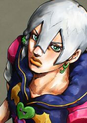 1boy absurdres araki_hirohiko_(style) blue_hoodie braid closed_mouth commentary earrings from_above green_eyes grey_background grey_hair grey_sleeves hair_between_eyes hair_ornament hatching_(texture) heart heart_ornament highres hood hood_down hoodie jewelry jodio_joestar jojo_no_kimyou_na_bouken kaib0y long_bangs looking_at_viewer male_focus orange_lips short_hair short_sleeves side_braid single_braid single_earring solo star_(symbol) star_hair_ornament the_jojolands traditional_media upper_body