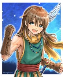 1boy :d aqua_eyes arm_guards ashlay_(dq10) bead_necklace beads blue_background blurry blurry_background border brown_gloves brown_hair clenched_hands commentary dragon_quest dragon_quest_x fake_head_wings fingerless_gloves floating_clothes floating_hair gloves green_tabard head_wings highres jewelry long_hair looking_to_the_side male_focus moyapippi muscular muscular_male necklace open_mouth orange_scarf outdoors red_sash sash scarf single_head_wing smile solo sword tabard teeth upper_body upper_teeth_only weapon white_border wings