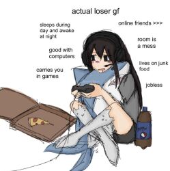 1girl artist_name bewwytonin black_eyes black_hair black_shorts blush bottle commentary controller crossed_legs drooling english_commentary english_text food full_body game_controller grey_shirt hair_between_eyes holding holding_controller holding_game_controller ikea_shark long_hair mouth_drool nose_blush open_mouth original pepsi pizza pizza_box pizza_slice playing_games shirt short_sleeves shorts sidelocks simple_background sitting sketch soda soda_bottle solo stuffed_animal stuffed_shark stuffed_toy white_background