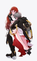 1girl absurdres between_breasts black_shoes breasts caelus_(honkai:_star_rail) chappyvii dress face_between_breasts full_body head_between_breasts high_heels highres himeko_(honkai:_star_rail) honkai:_star_rail honkai_(series) red_hair shoes simple_background solo trailblazer_(honkai:_star_rail) twitter_username white_dress