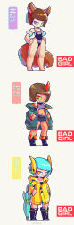 3girls absurdres animal_ear_fluff animal_ears bare_shoulders barefoot belt black_boots black_shorts blue_coat blue_hair blue_one-piece_swimsuit blunt_bangs bob_cut boots breasts brown_hair buttons character_name chibi chibi_only chinese_text coat colored_sclera crop_top elbow_carry english_text female_focus flat_chest fold-over_boots full_body half-closed_eyes hands_on_own_hips headgear highleg highleg_one-piece_swimsuit highres hood hood_down hooded_coat horns inflatable_armbands iwse_zhang knee_boots large_tail legs logo long_sleeves looking_to_the_side midriff multiple_girls navel off_shoulder one-piece_swimsuit open_clothes open_coat orange_eyes orange_horns orange_trim original purple_eyes purple_shirt raincoat shirt short_hair short_shorts shorts sidelocks simple_background single_horn sleeveless sleeveless_shirt small_breasts squirrel_ears squirrel_girl squirrel_tail standing stomach swimsuit tail thighs translation_request umbrella v-shaped_eyebrows watermark weibo_username weibo_watermark white_background yellow_coat yellow_eyes yellow_raincoat yellow_sclera