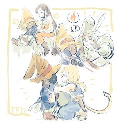 ! 1girl 3boys adelbert_steiner black_hair black_mage_(final_fantasy) blonde_hair blue_coat blue_pants blue_vest blue_wrist_cuffs bodysuit boots breasts brown_boots cat_earth2 cat_tail closed_eyes coat cropped_vest crystal final_fantasy final_fantasy_ix fire garnet_til_alexandros_xvii gloves grey_gloves hat hat_feather helm helmet highres holding holding_staff jewelry juliet_sleeves knight long_hair long_sleeves low-tied_long_hair low_ponytail medium_breasts multiple_boys on_one_knee open_mouth orange_bodysuit pants parted_bangs pendant ponytail puffy_sleeves shirt smile spoken_exclamation_mark staff striped_clothes striped_pants tail vest vivi_ornitier white_background white_shirt wizard_hat wrist_cuffs yellow_eyes zidane_tribal