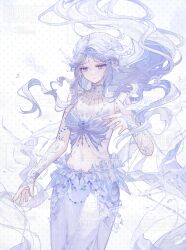 1girl blue_bra blue_bridal_gauntlets blue_eyes blue_shawl blue_skirt bra breasts bubble circlet cleavage collarbone cowboy_shot dot_nose eyelashes fins floating_hair frilled_skirt frills head_fins highres infinity_nikki jewelry lace_bridal_gauntlets long_hair long_skirt mermaid monster_girl moonlgnance navel necklace nikki_(series) parted_lips polka_dot sample_watermark shawl sidelocks simple_background skirt snowy_ballad_(infinity_nikki) solo stomach strapless strapless_bra too_many_watermarks underwear very_long_hair watermark watermark_grid wavy_hair white_background