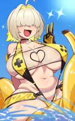 1girl absurdres banana banana_boat belly black_choker black_gloves blonde_hair blue_sky breasts choker cleavage clothing_cutout cropped_legs d-pad day elegg_(boom_and_shock)_(nikke) elegg_(nikke) faceless faceless_female food fruit gloves goddess_of_victory:_nikke hair_over_eyes happy heart_cutout highres huge_breasts inflatable_toy kurozu_(crozu) large_breasts navel open_mouth short_hair sky slingshot_swimsuit smile solo sparkle strapless sun sunlight swimsuit tube_top v water yellow_slingshot_swimsuit