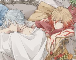 2boys alternate_costume antenna_hair arm_tattoo black_choker blonde_hair blue_eyes braid choker commentary_request facial_tattoo food fruit gradient_hair hair_between_eyes holding holding_food holding_fruit honkai:_star_rail honkai_(series) kujyo_sk looking_at_viewer male_focus medium_hair multicolored_hair multiple_boys mydei_(honkai:_star_rail) neck_tattoo on_bed phainon_(honkai:_star_rail) red_hair red_tattoo robe short_hair side_braid strawberry tattoo white_hair white_robe yellow_eyes