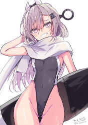 Rule 34 | 1girl, absurdres, black one-piece swimsuit, breasts, cowboy shot, grey eyes, grey hair, hair ornament, headgear, highleg, highleg one-piece swimsuit, highres, hizaka, kantai collection, long hair, looking at viewer, machinery, one-piece swimsuit, scarf, solo, swimsuit, two-tone one-piece swimsuit, wahoo (kancolle), white scarf
