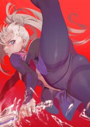 1girl ass blue_eyes blue_pantyhose crotch_seam from_below frozen highres holding holding_sword holding_weapon ice leg_lift leg_up long_hair long_sleeves looking_at_viewer myrtenaster navel panties panties_under_pantyhose pantyhose pantyshot ponytail rapier red_background revision rwby scar scar_across_eye scar_on_face side_ponytail solo split spread_legs standing standing_on_one_leg standing_split stomach sword thighs under_shot underwear upskirt wangxiii weapon weiss_schnee white_hair white_panties