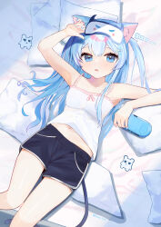 1girl absurdres animal_ears arm_up armpits arms_up bare_arms bed_sheet black_shorts blue_eyes blue_hair blue_nails breasts camisole cat_ears cat_girl cat_tail dolphin_shorts drooling feet_out_of_frame frilled_camisole frills hair_between_eyes hair_ornament handheld_game_console highres holding holding_handheld_game_console knees_together_feet_apart light_blush long_hair looking_at_viewer lying mask mask_on_head midriff_peek nail_polish navel on_back open_mouth original pillow shishiodoshi shorts sleep_mask small_breasts solo spaghetti_strap tail white_camisole