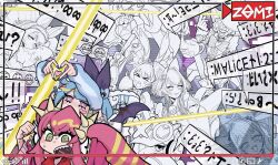 blue_hair character_request demon_girl duel_monster fleeing group_picture heart heart-shaped_pupils heart_hands highres ki-sikil_(yu-gi-oh!) lil-la_(yu-gi-oh!) live_twin_ki-sikil live_twin_lil-la livestream long_hair maliss_&lt;p&gt;_chessy_cat maliss_&lt;p&gt;_white_rabbit multiple_girls pink_hair purple_eyes short_hair symbol-shaped_pupils twintails yamasu_(tmy-0902) yu-gi-oh!