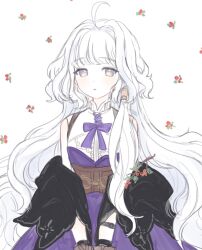 1girl ahoge bare_shoulders grey_hair hair_intakes long_hair mabinogi mbibetty multicolored_eyes purple_ribbon ribbon rowan_(mabinogi) simple_background two-tone_eyes yellow_eyes