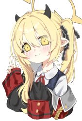 Rule 34 | 1girl, absurdres, asymmetrical hair, black coat, black horns, black ribbon, blonde hair, blue archive, closed mouth, coat, commentary, cropped torso, demon girl, demon horns, hair ribbon, halo, hanakonenne, highres, horns, ibuki (blue archive), long hair, long sleeves, looking at viewer, pointy ears, ribbon, shirt, side ponytail, simple background, sleeves past wrists, smile, solo, v, white background, white shirt, yellow eyes, yellow halo