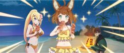 +_+ 1boy 2girls :t ahoge animal_ear_fluff animal_ears armpit_crease beach bikini bikini_skirt black_jacket blonde_hair blue_eyes blush braid breasts brown_hair child closed_mouth collarbone cooking darkness_(konosuba) eating fang fire flower food food_on_face frilled_bikini frills game_cg green_eyes green_jacket green_pants hair_flower hair_ornament hand_on_own_cheek hand_on_own_face high_ponytail highres horizon jacket kneeling kono_subarashii_sekai_ni_shukufuku_wo! konosuba!_fantastic_days large_breasts layered_bikini long_hair looking_at_viewer medium_hair midriff miia_(konosuba) multicolored_jacket multiple_girls navel night night_sky o-ring o-ring_bikini o-ring_bottom o-ring_top ocean official_alternate_costume official_art orange_bikini palm_tree pants pink_flower ponytail ponytail_with_braided_base sand satou_kazuma sideboob sidelocks sky sparkle standing star_(sky) starry_sky swept_bangs swimsuit track_jacket track_pants track_suit tree two-tone_jacket very_long_hair water x_hair_ornament yellow_bikini