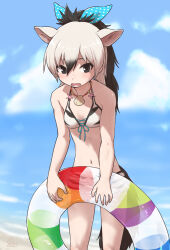 1girl aardwolf_(kemono_friends) animal_ears bare_shoulders beach bikini black_bikini black_eyes black_hair black_shorts blue_bow blush bow collarbone cowboy_shot extra_ears gray_gray hair_between_eyes hair_bow highres innertube jewelry kemono_friends kemono_friends_3 midriff multicolored_bikini multicolored_hair navel necklace ocean official_alternate_costume open_mouth polka_dot polka_dot_bow ponytail print_bikini print_shorts shell shell_necklace short_hair shorts sidelocks sleeveless solo sparkle swim_ring swimsuit tail two-tone_bikini two-tone_hair two-tone_shorts white_bikini white_hair white_shorts wolf_ears wolf_girl wolf_tail