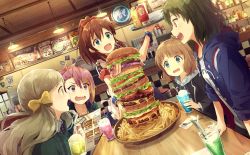 5girls bacon blue_eyes brown_hair burger diner dutch_angle fast_food food food_awe french_fries handa_roco highres hood hoodie ice_cream ice_cream_float idolmaster idolmaster_million_live! jelly_pop_beans ketchup long_hair maihama_ayumu marimo_(momiage) menu multiple_girls mustard nagayoshi_subaru open_mouth pink_hair ponytail restaurant satake_minako short_hair sparkle suou_momoko too_much_burger too_much_food