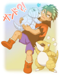 1boy a.j._(pokemon) alolan_form alolan_sandshrew angry kissing_cheek collared_shirt creatures_(company) closed_eyes game_freak gen_1_pokemon gen_7_pokemon green_hair heart highres holding holding_pokemon kiss leg_up nintendo pokemon pokemon_(anime) pokemon_(classic_anime) pokemon_(creature) rakkokun_tondoru sandshrew shirt short_hair short_sleeves shorts spiked_hair sweat