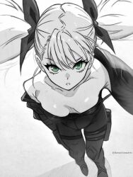 Rule 34 | 1girl, aqua eyes, armpits, bodysuit, breasts, character request, cleavage, collarbone, from above, full body, hair between eyes, harutoyumaarts, highres, kaijuu no. 8, looking at viewer, monochrome, out of frame, partially colored, simple background, single bare shoulder, skin tight, small breasts, solo, twintails