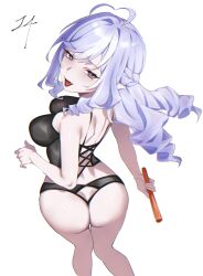 1girl ahoge ass back black_bustier black_panties breasts bustier commentary drill_hair ei_(eiei_e1) fang feet_out_of_frame from_behind highres large_breasts looking_at_viewer looking_back multicolored_hair panties pointy_ears purple_eyes purple_hair shoulder_blades simple_background solo standing tongue tongue_out two-tone_hair underwear vivian_banshee white_background white_hair zenless_zone_zero