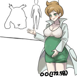 Rule 34 | 1girl, professor juniper, blush, breasts, cleavage, coat, commentary, darmanitan, earrings, eyelashes, gen 5 pokemon, gigobyte350, green eyes, green skirt, hand on own stomach, hand up, high-waist skirt, implied bestiality, jewelry, long sleeves, nintendo, open clothes, open coat, parted bangs, parted lips, pokemon, pokemon bw, pregnant, shirt, skirt, smile, solo