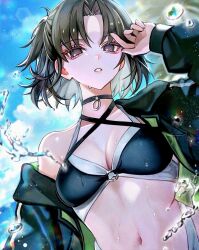 Rule 34 | 1girl, bare shoulders, bikini, black hair, black jacket, black sarong, blue sky, breasts, choker, cleavage, cloud, cloudy sky, cross-laced bikini, cross-laced clothes, diandao qin, fate/grand order, fate (series), hair lift, hand in own hair, hand up, highres, jacket, jacket partially removed, long sleeves, looking at viewer, medium breasts, multicolored bikini, navel, o-ring, o-ring choker, ocean, open clothes, open jacket, outdoors, palm tree, parted bangs, parted lips, ryougi shiki, ryougi shiki (swimsuit mooncancer), sarong, short hair, sky, solo, splashing, standing, sweat, swimsuit, tree, two-tone bikini, upper body, water, water drop, wet